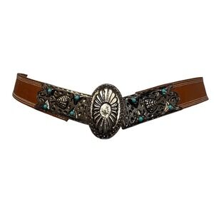 The White Elephant Brown Leather Western Belt Turquoise Silver Buckle Italy L